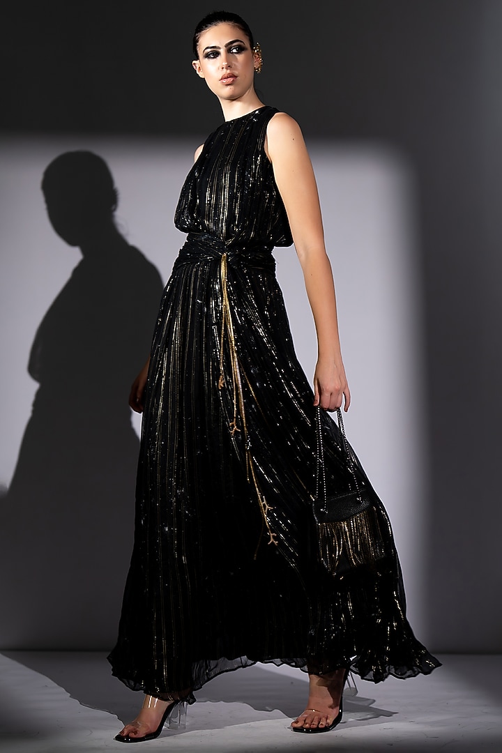 Black Lurex Georgette Knotted Maxi Party Wear Dress by Nikita Mhaisalkar at Pernia's Pop Up Shop