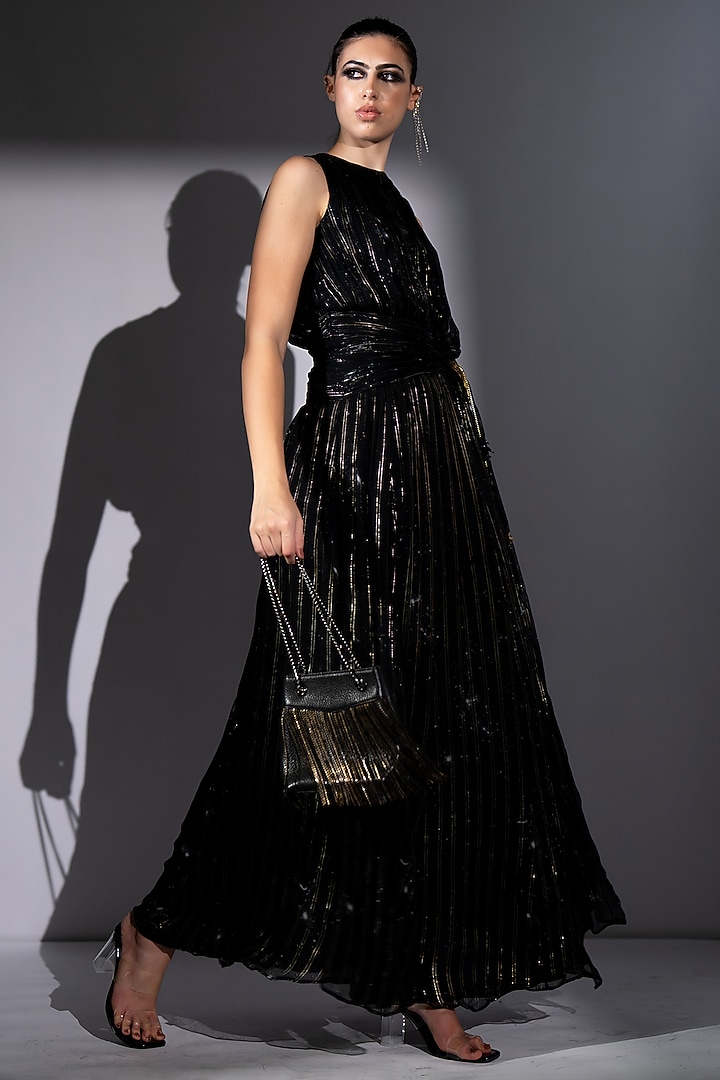 Black Lurex Georgette Knotted Maxi Party Wear Dress by Nikita Mhaisalkar at Pernia's Pop Up Shop