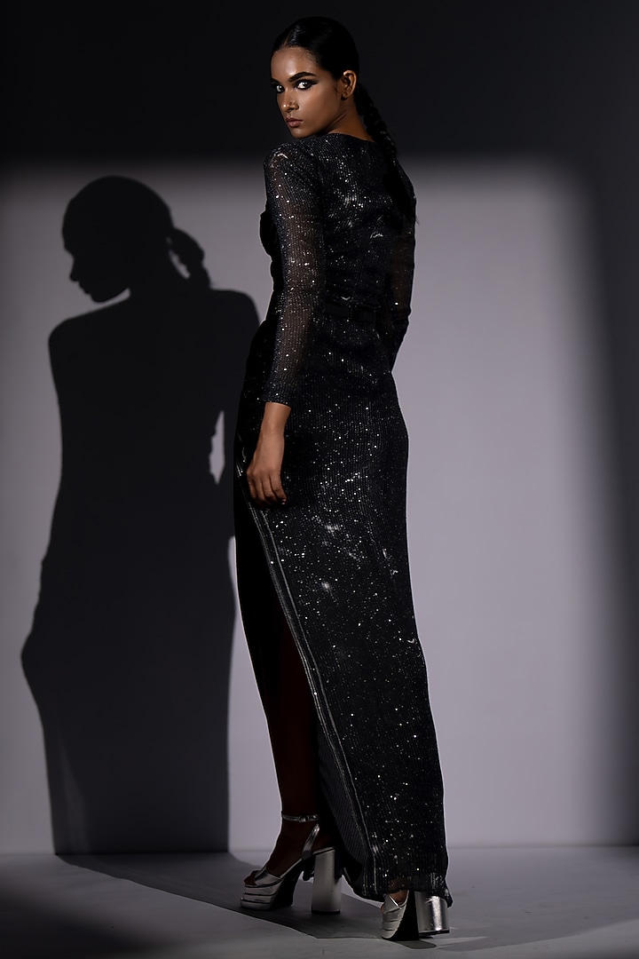 Black Sequins Georgette Cut-Out Maxi Party Wear Dress by Nikita Mhaisalkar at Pernia's Pop Up Shop