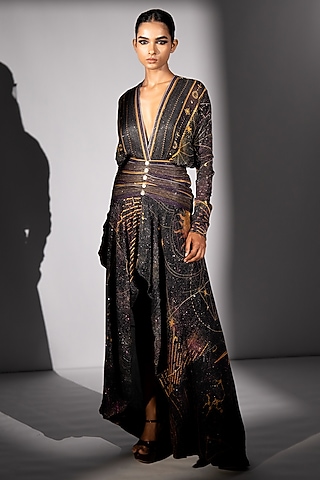 Purple Sequins Georgette Placement Printed High-Low Dress by Nikita Mhaisalkar