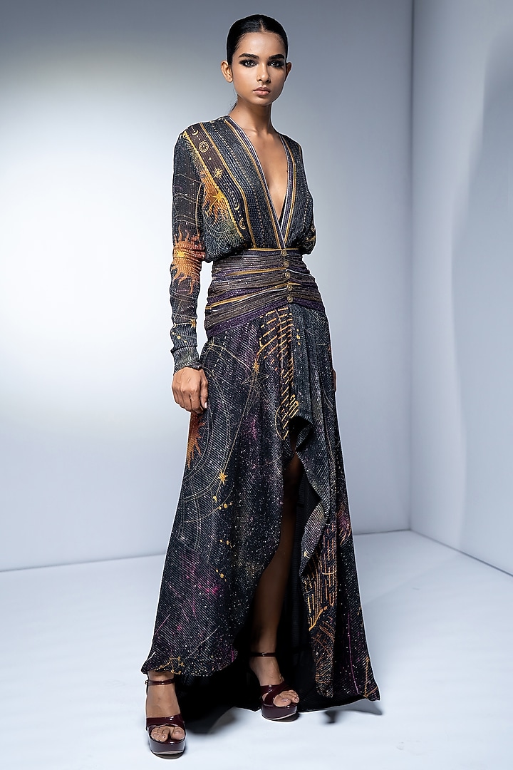 Purple Sequins Georgette Placement Printed High-Low Party Wear Dress by Nikita Mhaisalkar at Pernia's Pop Up Shop