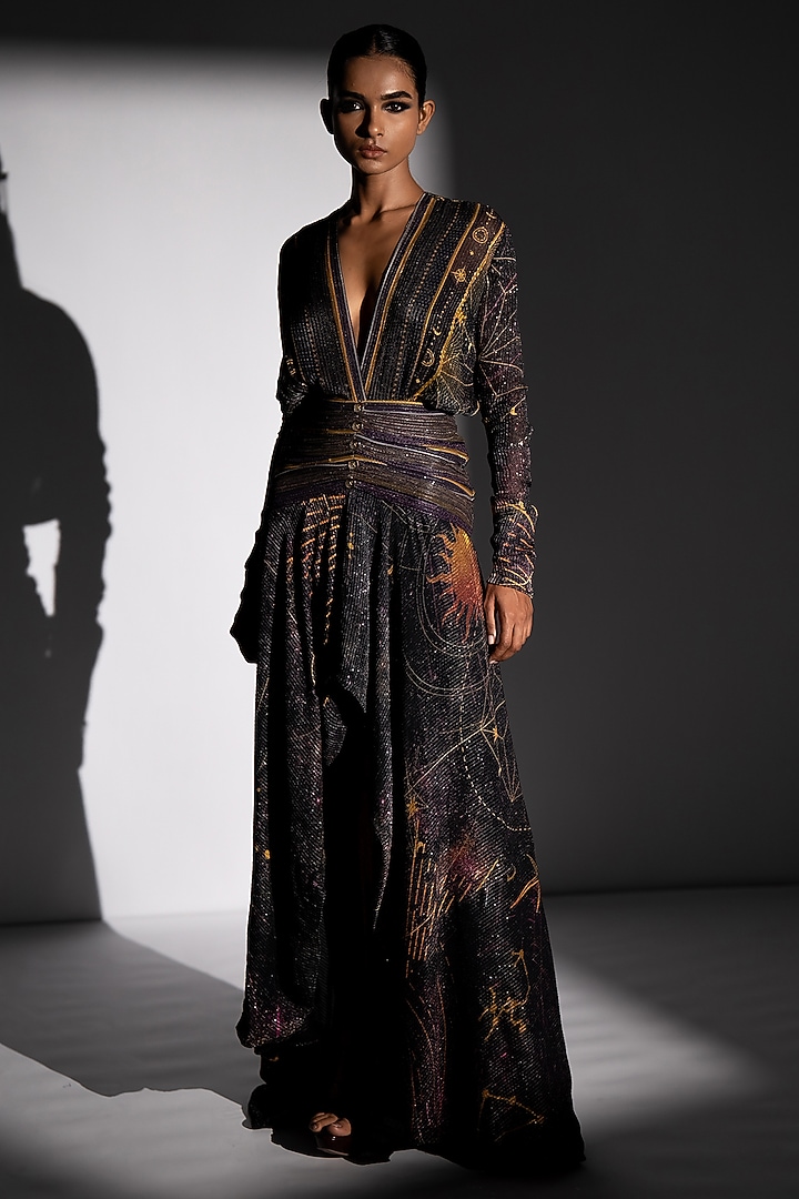 Purple Sequins Georgette Placement Printed High-Low Party Wear Dress by Nikita Mhaisalkar at Pernia's Pop Up Shop