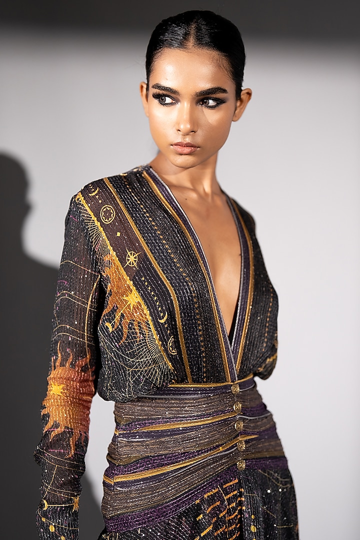 Purple Sequins Georgette Placement Printed High-Low Party Wear Dress by Nikita Mhaisalkar at Pernia's Pop Up Shop