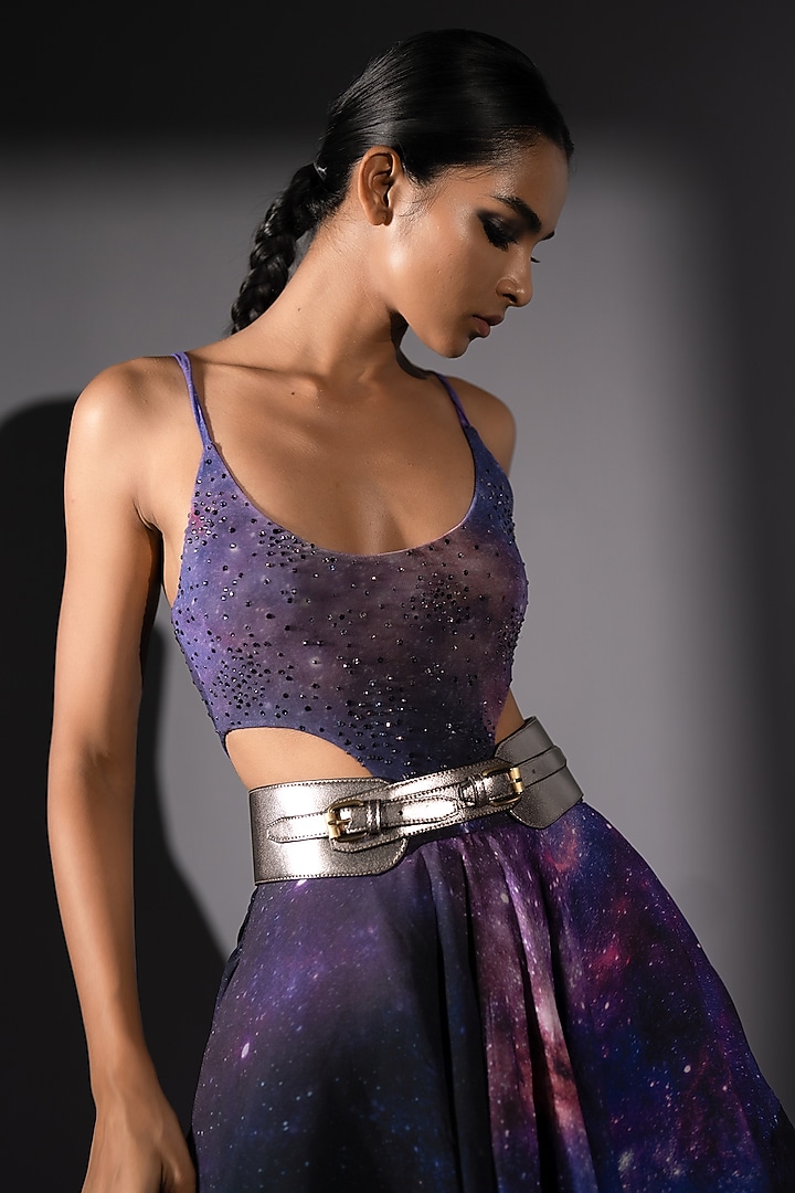 Purple Lycra Galaxy Printed Bodysuit by Nikita Mhaisalkar at Pernia's Pop Up Shop
