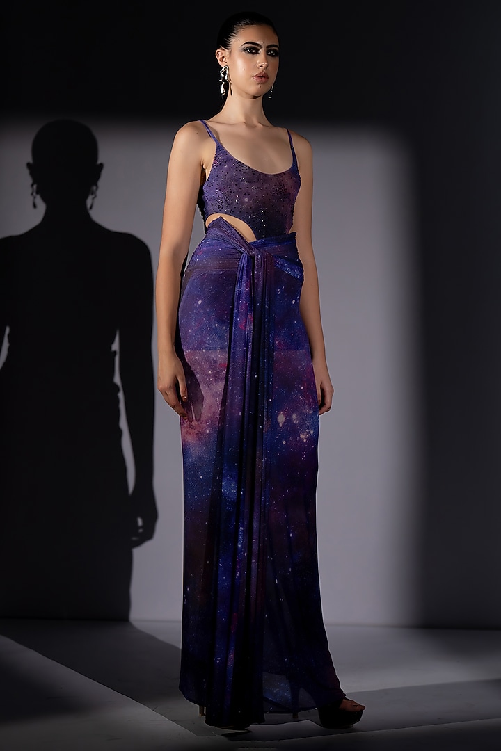 Purple Lycra Galaxy Printed Bodycon Skirt by Nikita Mhaisalkar at Pernia's Pop Up Shop