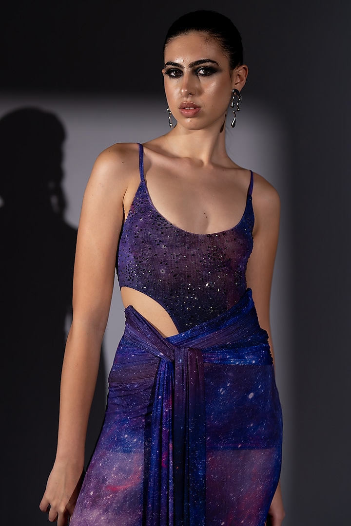 Purple Lycra Galaxy Printed Bodycon Skirt by Nikita Mhaisalkar at Pernia's Pop Up Shop
