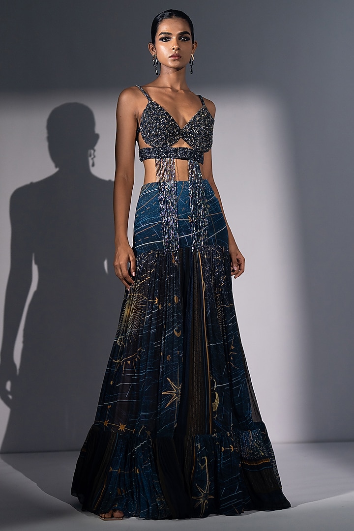 Blue Pure Georgette Galaxy Printed Flared Skirt by Nikita Mhaisalkar at Pernia's Pop Up Shop