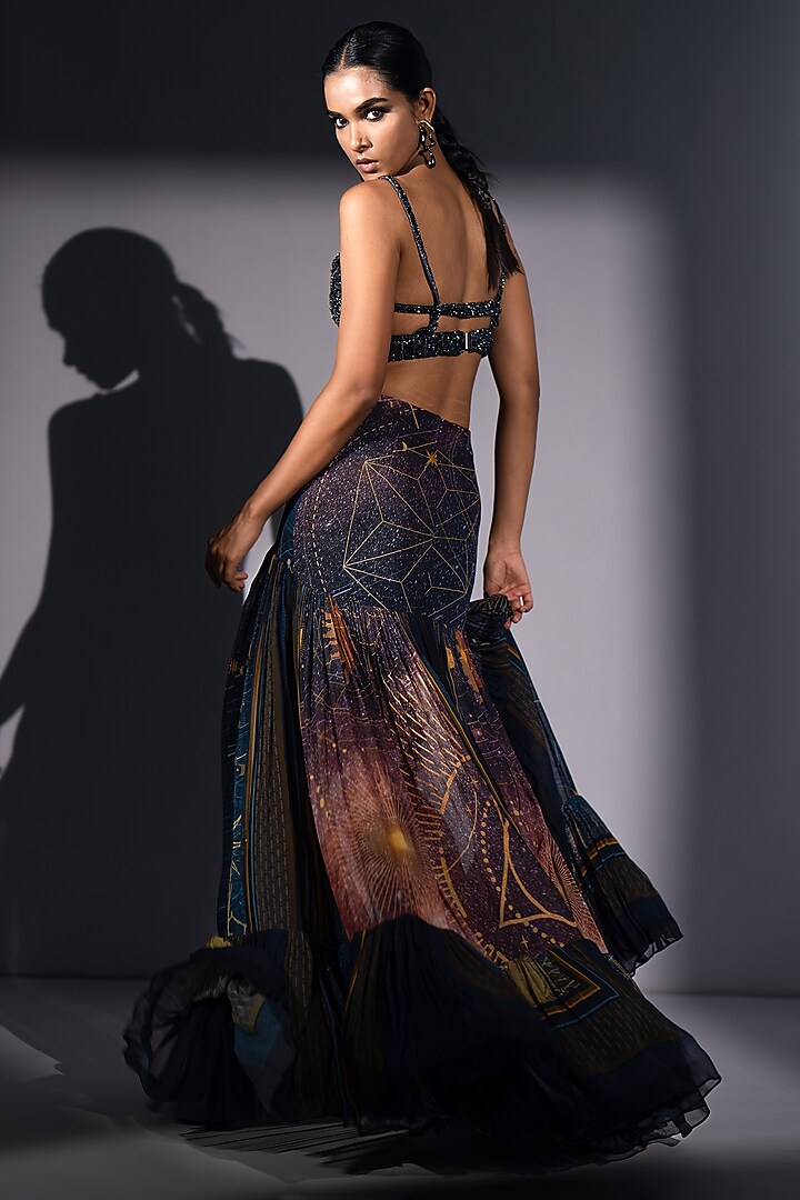 Blue Pure Georgette Galaxy Printed Flared Skirt by Nikita Mhaisalkar at Pernia's Pop Up Shop