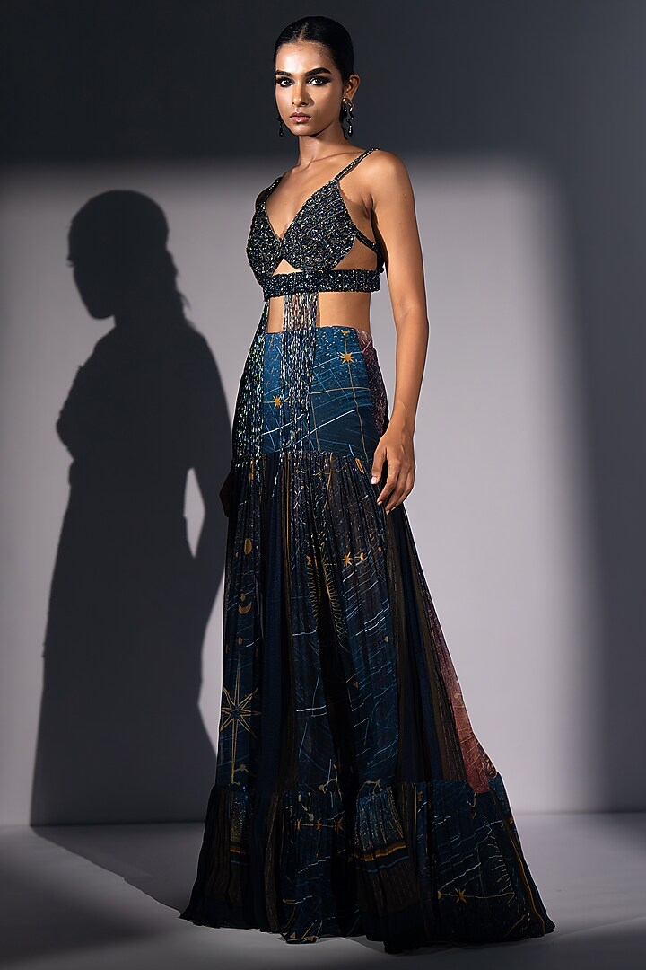 Blue Pure Georgette Galaxy Printed Flared Skirt by Nikita Mhaisalkar at Pernia's Pop Up Shop