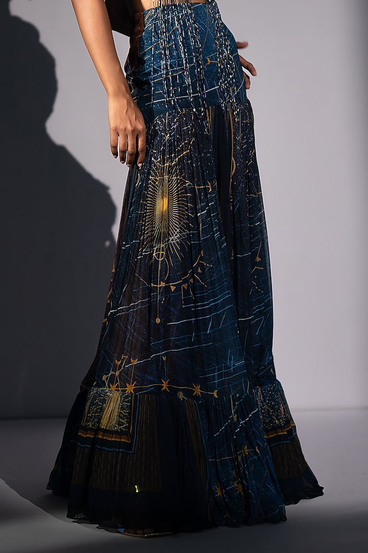 Blue Pure Georgette Galaxy Printed Flared Skirt by Nikita Mhaisalkar at Pernia's Pop Up Shop
