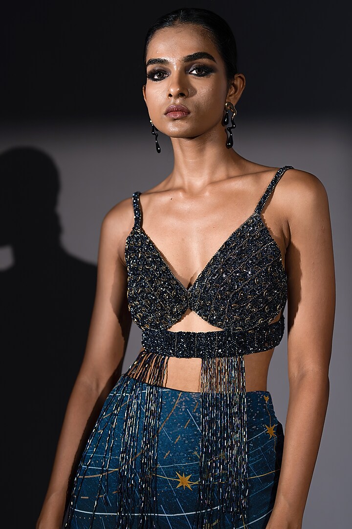 Blue Pure Georgette Galaxy Printed Flared Skirt by Nikita Mhaisalkar at Pernia's Pop Up Shop