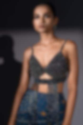 Blue Tulle Holographic Embroidered Bralette by Nikita Mhaisalkar at Pernia's Pop Up Shop