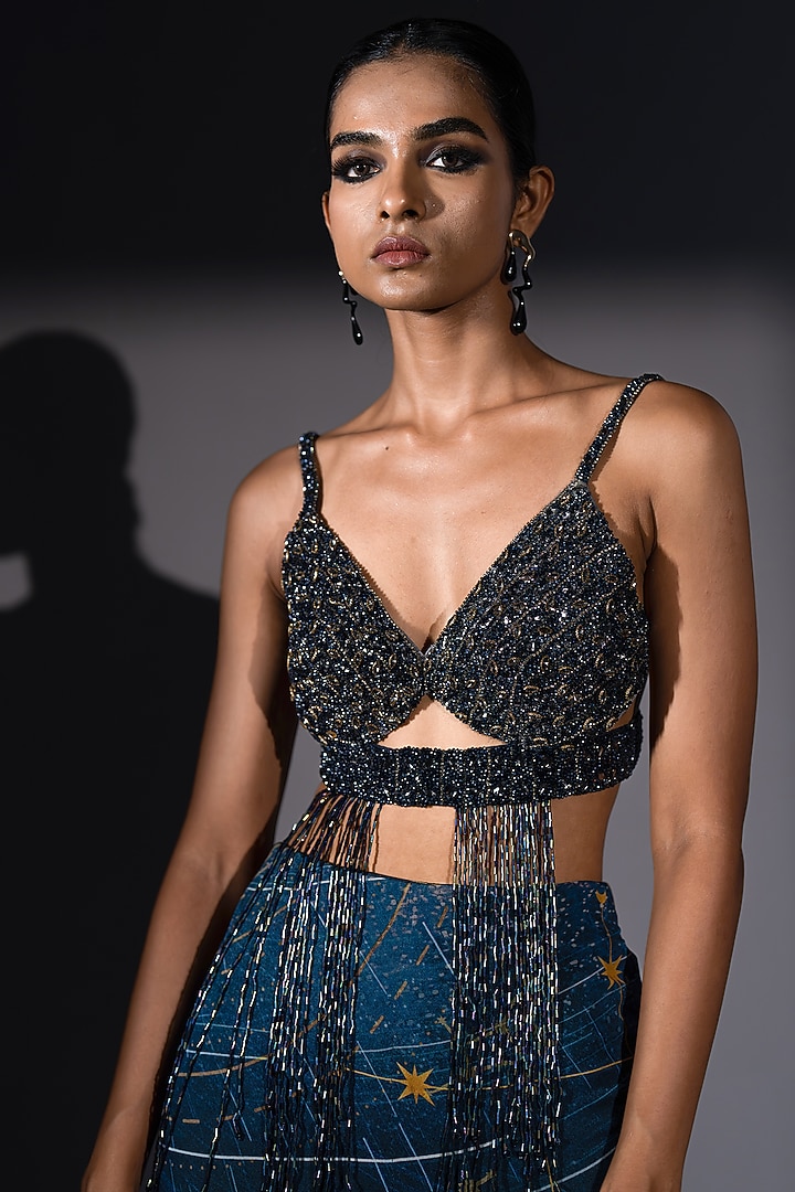 Blue Tulle Holographic Embroidered Bralette by Nikita Mhaisalkar at Pernia's Pop Up Shop