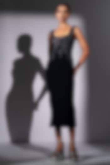 Blue Luxe Suiting Meteor Embroidered Midi Party Wear Dress by Nikita Mhaisalkar at Pernia's Pop Up Shop