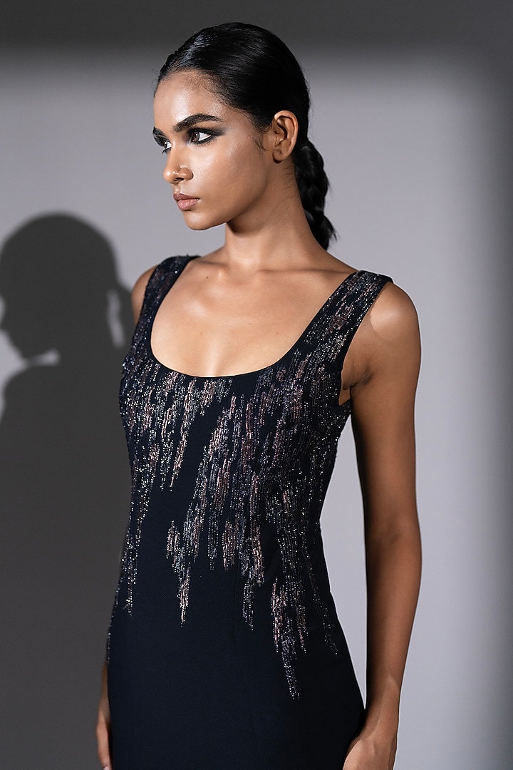 Blue Luxe Suiting Meteor Embroidered Midi Party Wear Dress by Nikita Mhaisalkar at Pernia's Pop Up Shop