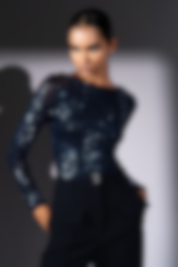 Blue Sequins Georgette Sheeted Bodysuit by Nikita Mhaisalkar at Pernia's Pop Up Shop