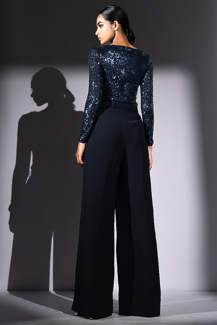 Blue Sequins Georgette Sheeted Bodysuit by Nikita Mhaisalkar at Pernia's Pop Up Shop