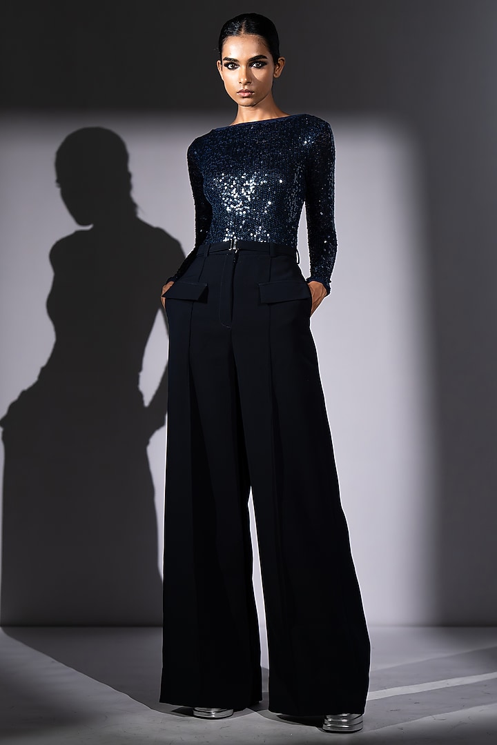 Blue Sequins Georgette Sheeted Bodysuit by Nikita Mhaisalkar at Pernia's Pop Up Shop