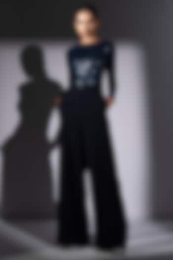 Blue Luxe Suiting Flared Pant With Belt by Nikita Mhaisalkar at Pernia's Pop Up Shop