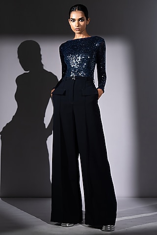 Blue Luxe Suiting Flared Pant With Belt by Nikita Mhaisalkar