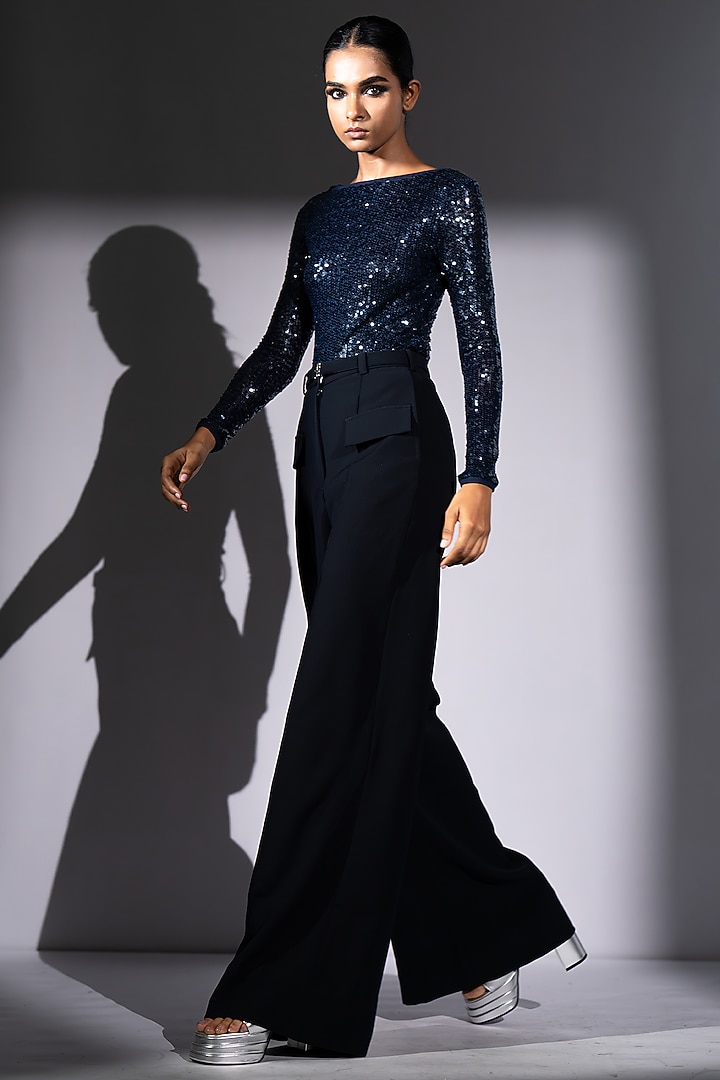 Blue Luxe Suiting Flared Pant With Belt by Nikita Mhaisalkar at Pernia's Pop Up Shop