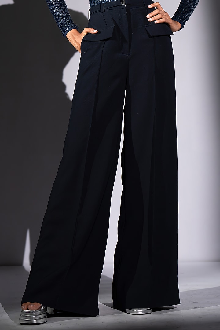 Blue Luxe Suiting Flared Pant With Belt by Nikita Mhaisalkar at Pernia's Pop Up Shop