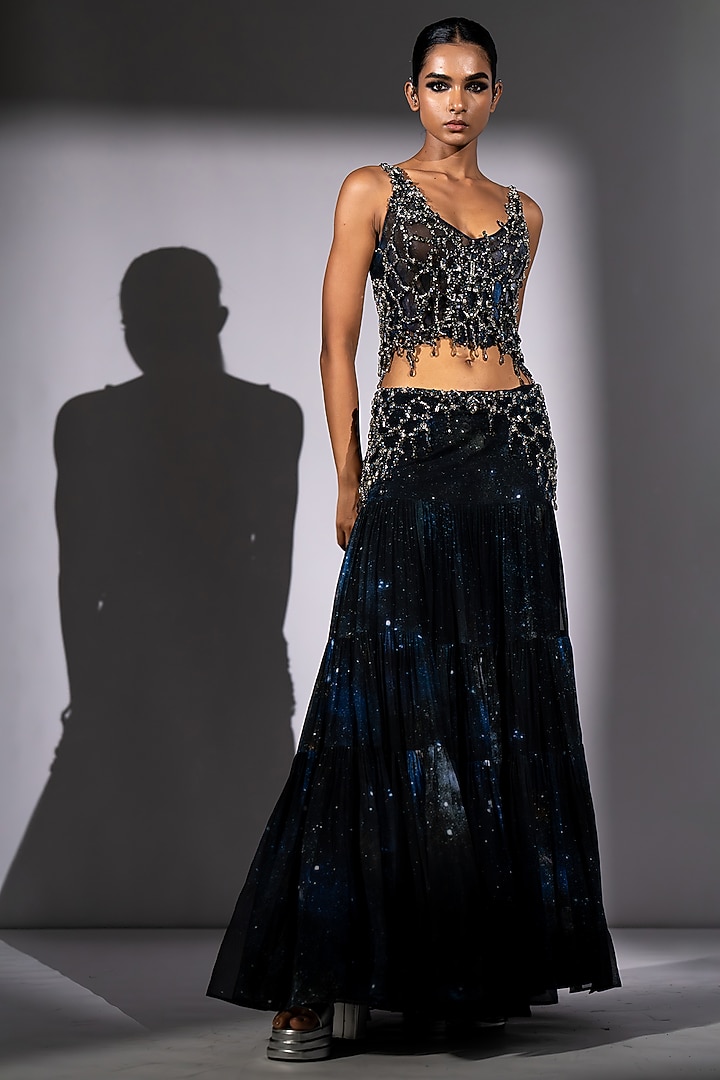 Blue Pure Georgette Galaxy Printed Co-Ord Set by Nikita Mhaisalkar at Pernia's Pop Up Shop