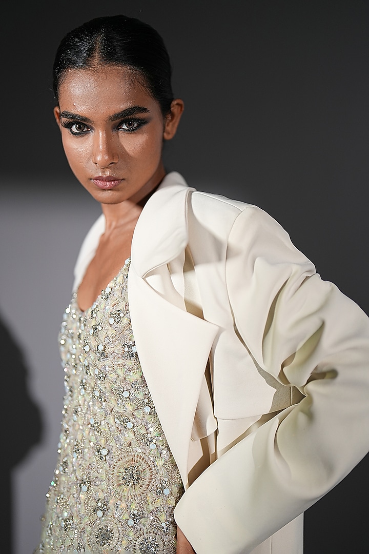 White Tulle Embroidered Mini Party Wear Dress by Nikita Mhaisalkar at Pernia's Pop Up Shop