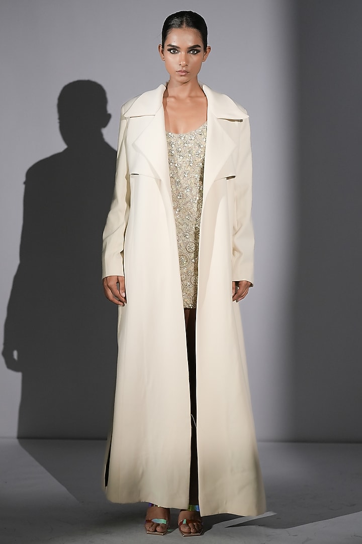 White Luxe Suiting Trench Coat by Nikita Mhaisalkar at Pernia's Pop Up Shop
