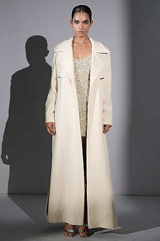White Luxe Suiting Trench Coat by Nikita Mhaisalkar