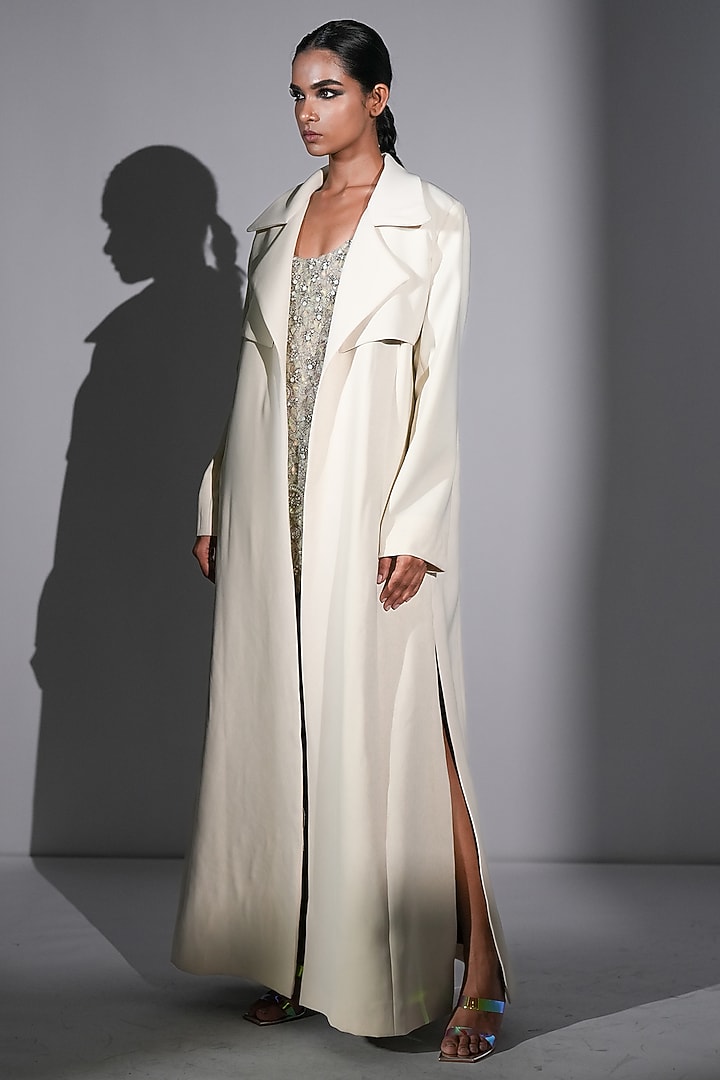 White Luxe Suiting Trench Coat by Nikita Mhaisalkar at Pernia's Pop Up Shop