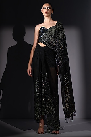 Black Tulle Embroidered Draped Saree Set by Nikita Mhaisalkar