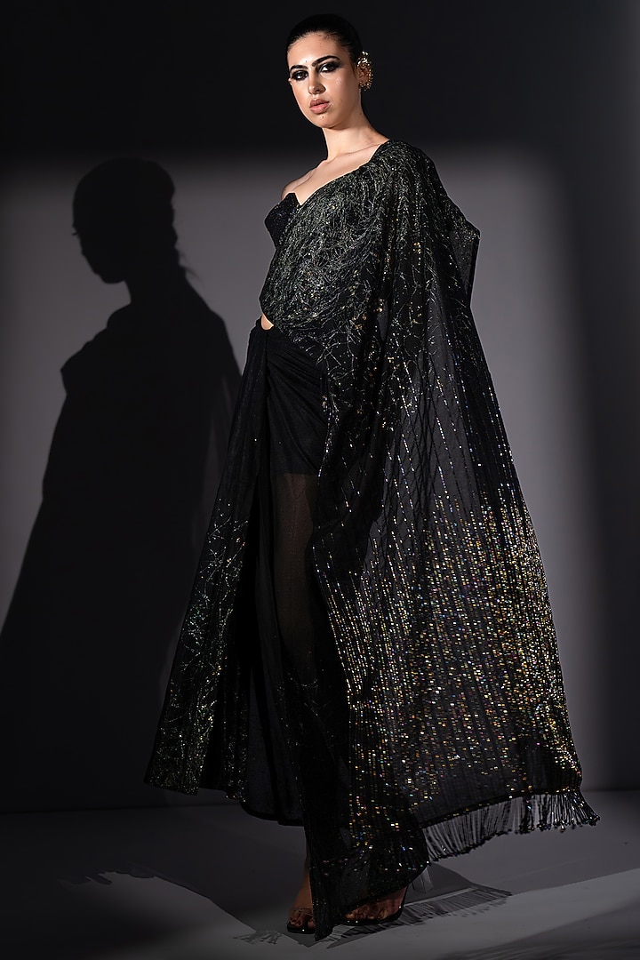 Black Tulle Embroidered Draped Reception Saree Set by Nikita Mhaisalkar at Pernia's Pop Up Shop