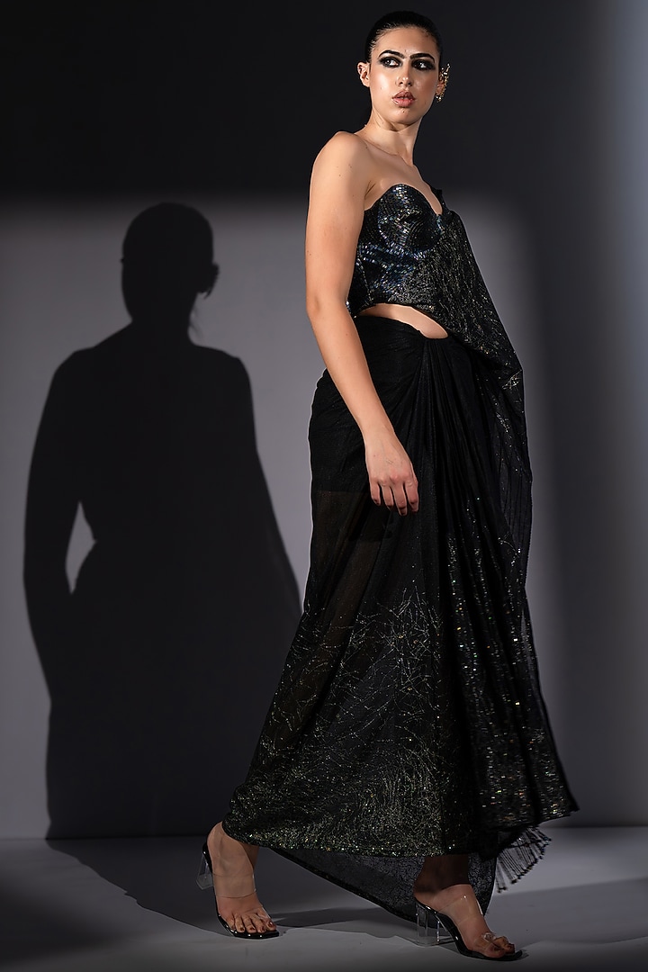 Black Tulle Embroidered Draped Reception Saree Set by Nikita Mhaisalkar at Pernia's Pop Up Shop