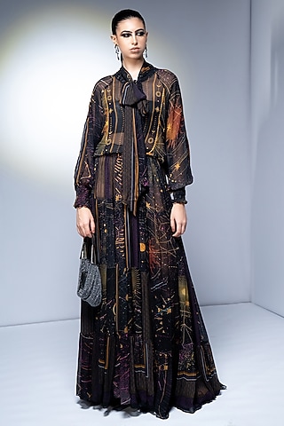 Purple Georgette Placement Printed Maxi Dress by Nikita Mhaisalkar