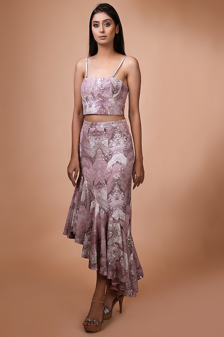 Lilac FLoss Printed Ruffled Skirt by Nikita Mhaisalkar