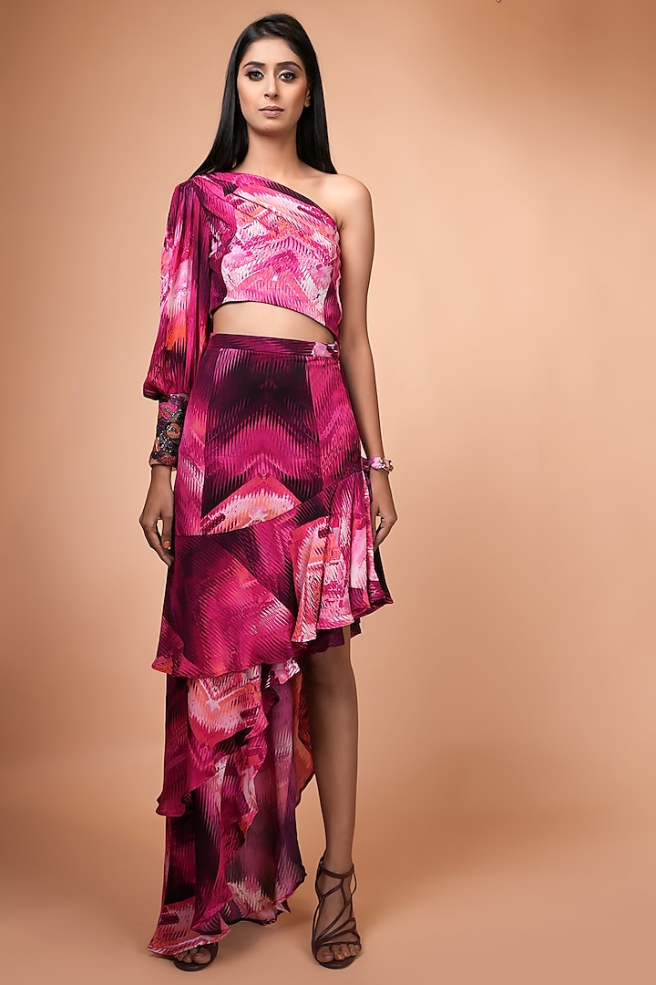 Magenta High-Low Ruffled Hem Skirt by Nikita Mhaisalkar
