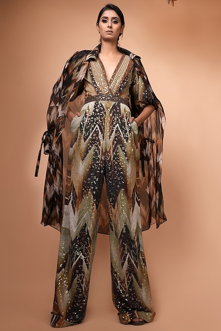 Coffee Brown Organza Trench Coat by Nikita Mhaisalkar at Pernia's Pop Up Shop