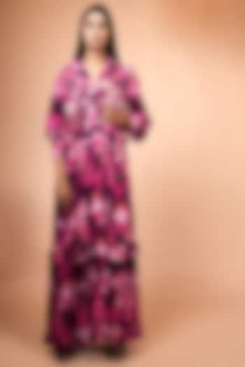 Magenta Tiered Double Georgette Party Wear Dress by Nikita Mhaisalkar at Pernia's Pop Up Shop