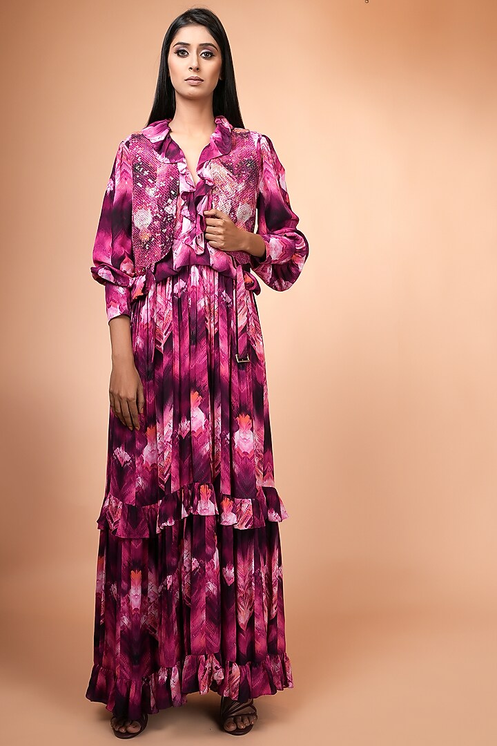 Magenta Tiered Double Georgette Party Wear Dress by Nikita Mhaisalkar at Pernia's Pop Up Shop