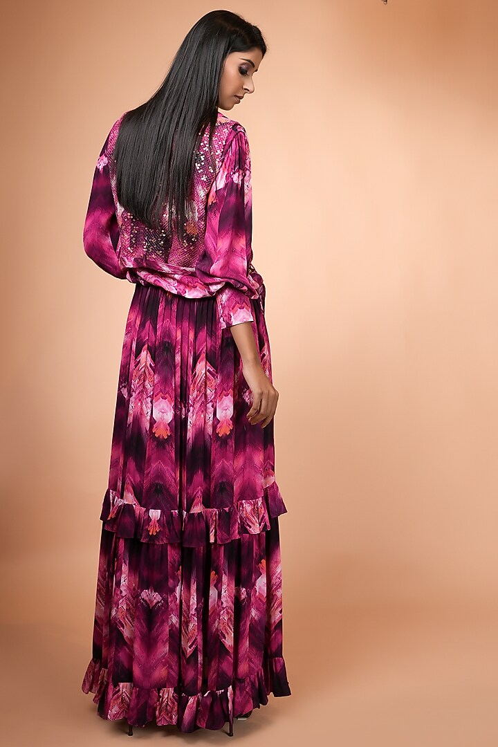 Magenta Tiered Double Georgette Party Wear Dress by Nikita Mhaisalkar at Pernia's Pop Up Shop