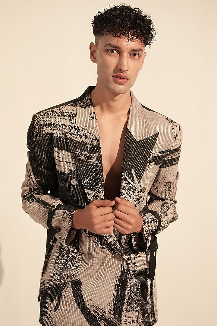 Black & White Sequins Georgette Printed Pantsuit by Nikita Mhaisalkar Men at Pernia's Pop Up Shop