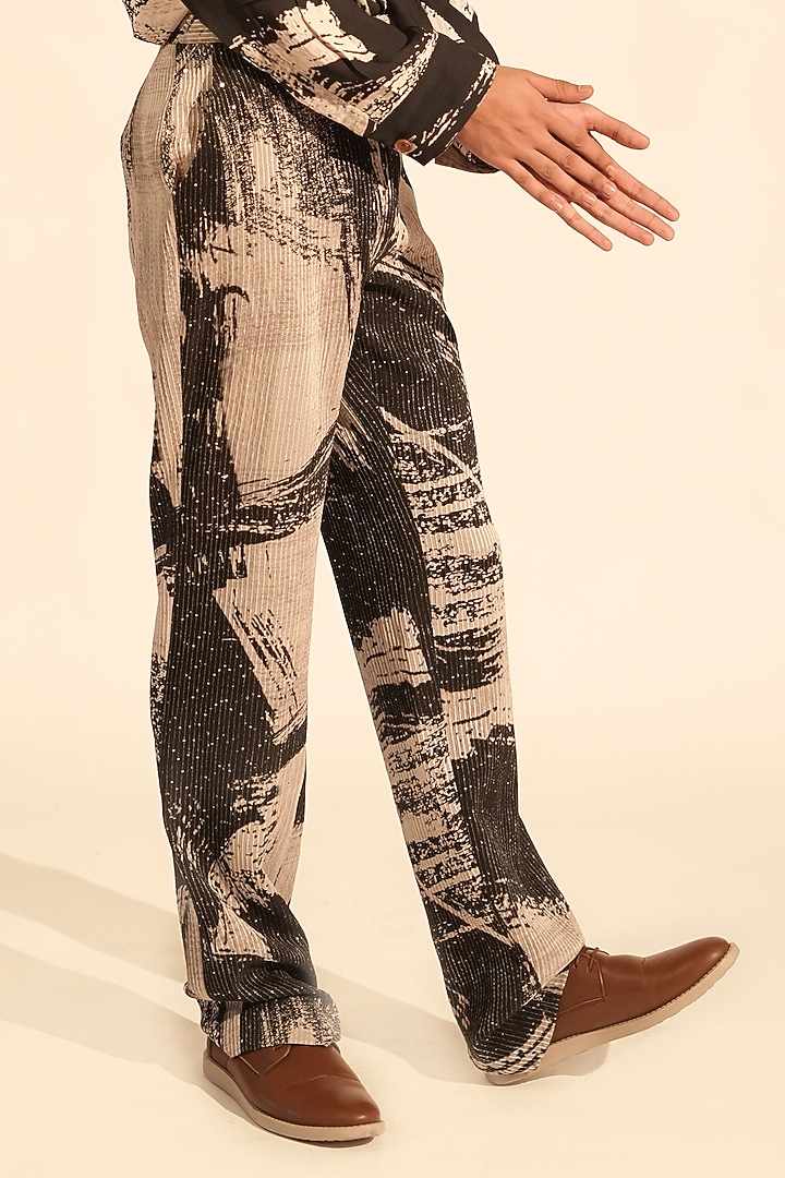Black & White Sequins Georgette Printed Pants by Nikita Mhaisalkar Men at Pernia's Pop Up Shop