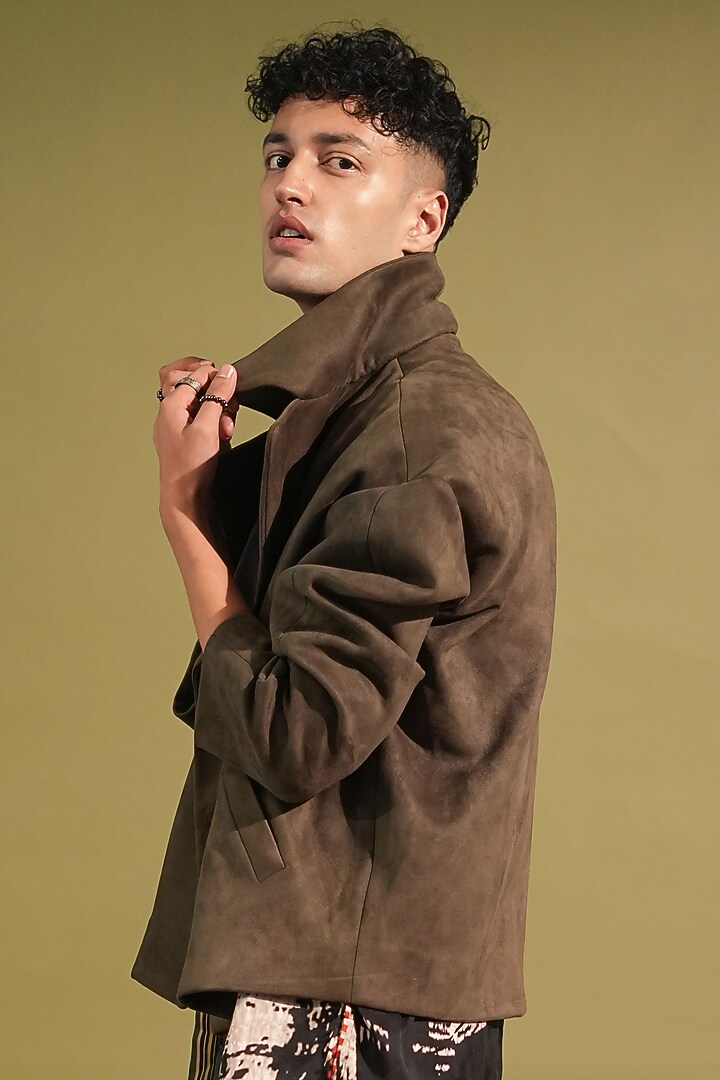 Jade Green Suede Jacket by Nikita Mhaisalkar Men at Pernia's Pop Up Shop