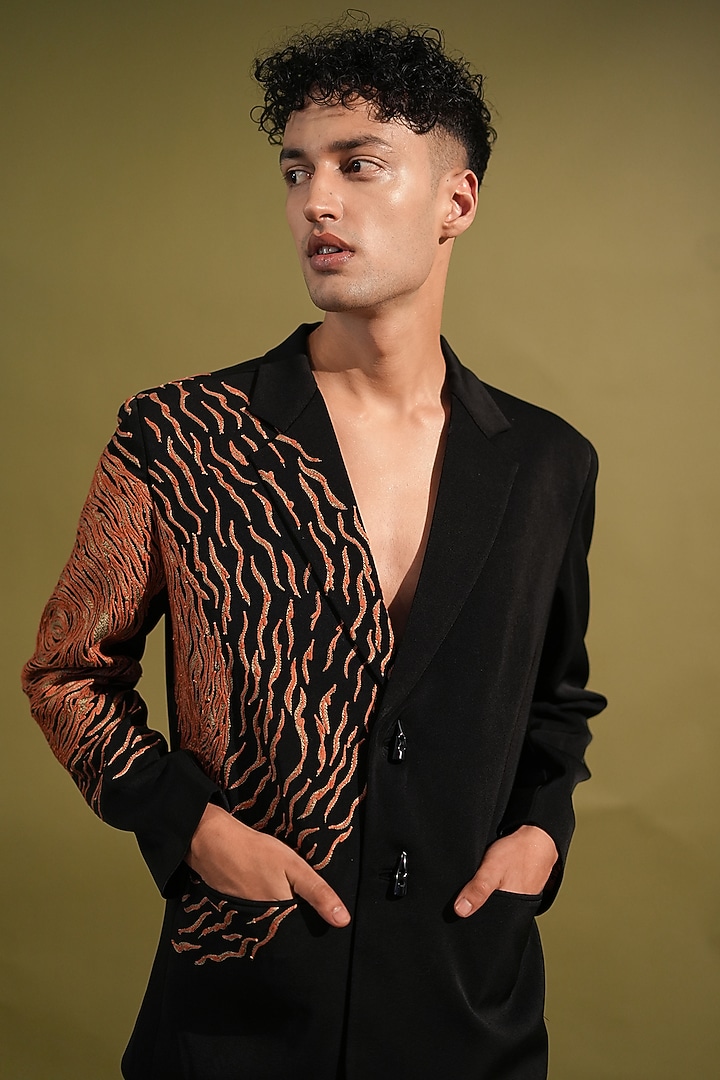 Black Luxe Suiting Embroidered Pantsuit by Nikita Mhaisalkar Men at Pernia's Pop Up Shop