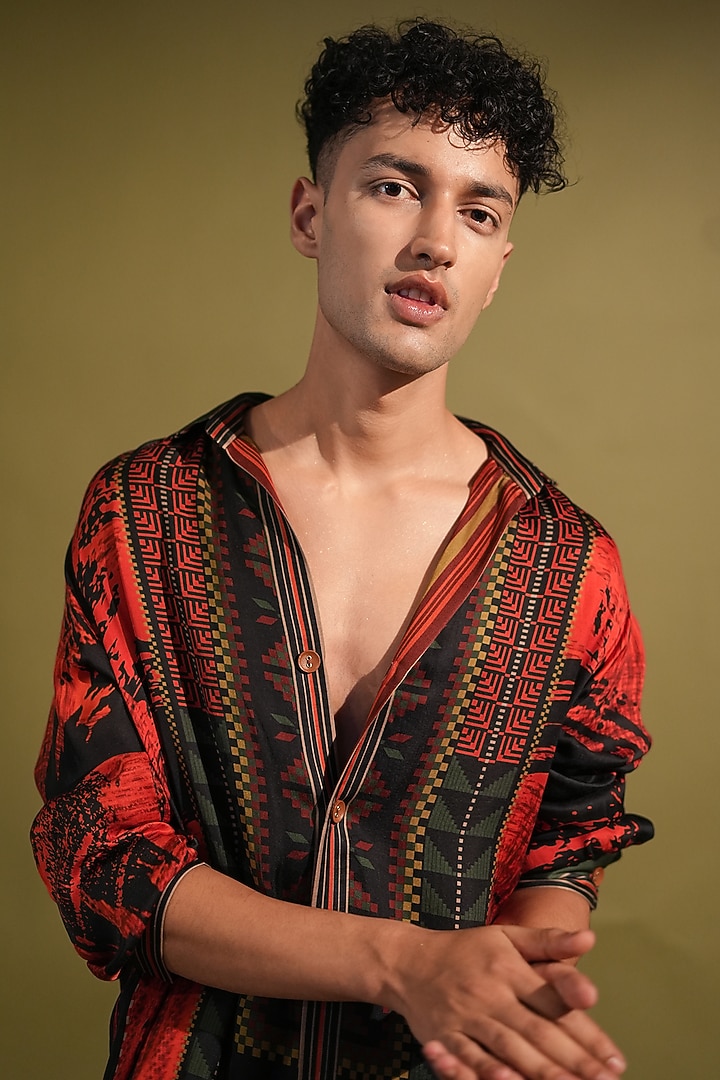 Red & Black Cotton Satin Printed Co-Ord Set by Nikita Mhaisalkar Men at Pernia's Pop Up Shop