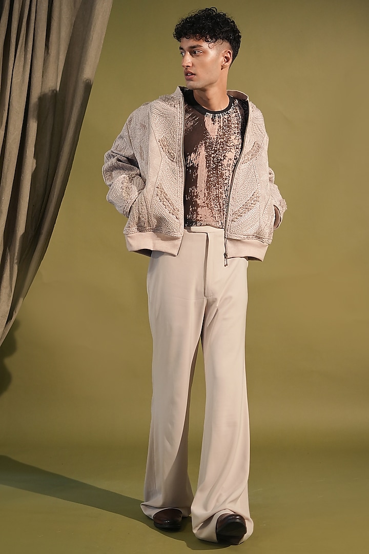 Fawn Suiting Embroidered Bomber Jacket by Nikita Mhaisalkar Men