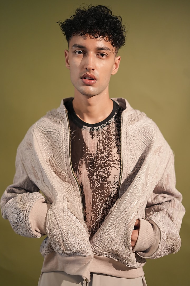 Fawn Suiting Embroidered Bomber Jacket by Nikita Mhaisalkar Men at Pernia's Pop Up Shop