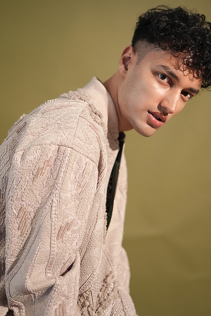 Fawn Suiting Embroidered Bomber Jacket by Nikita Mhaisalkar Men at Pernia's Pop Up Shop