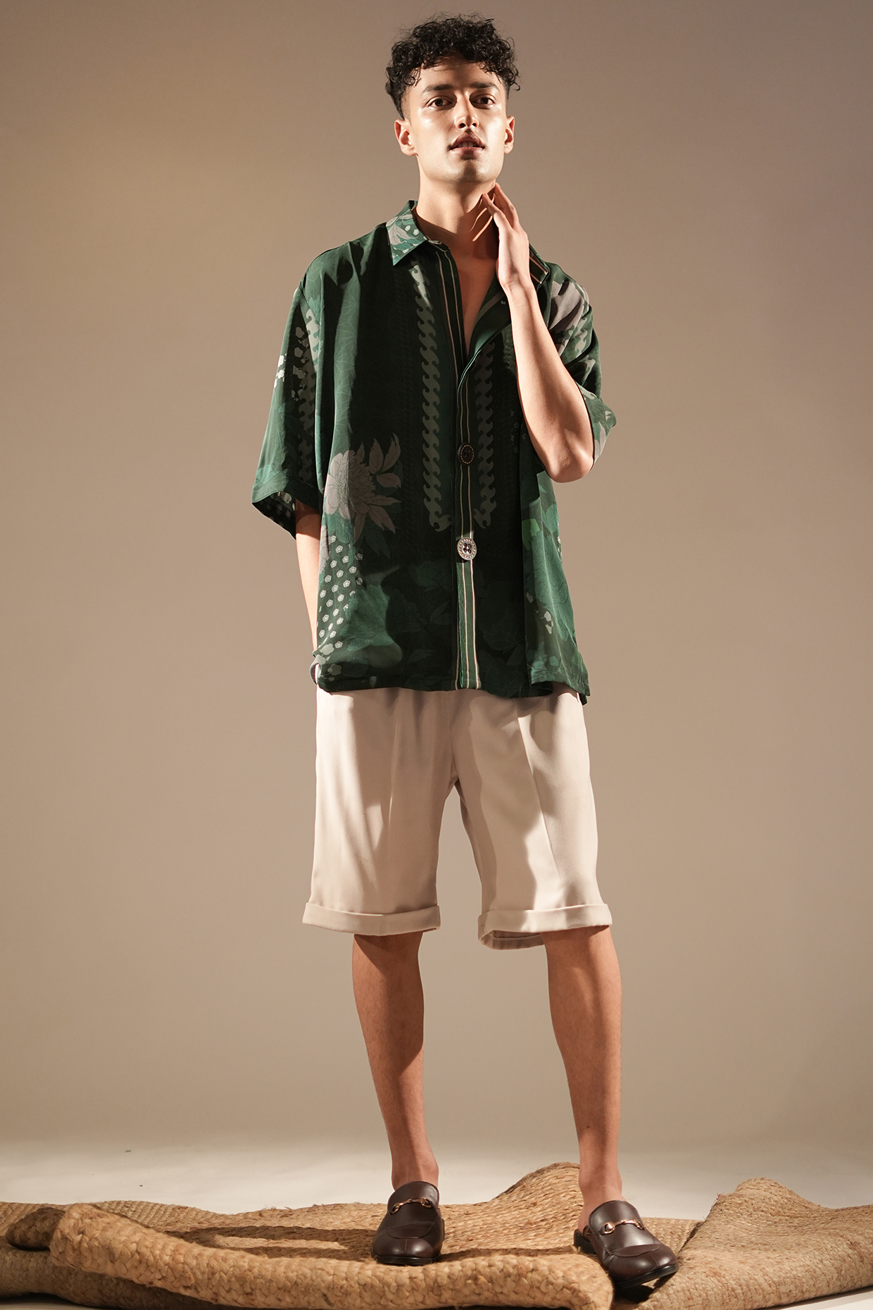 Emerald Green Bamberg Satin Floral Printed Shirt by Nikita Mhaisalkar Men